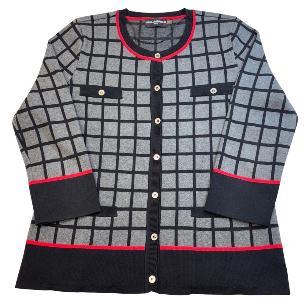 Karl Lagerfeld Paris‎ | Women Medium | Window Pane Pattern | Cardigan Sweater